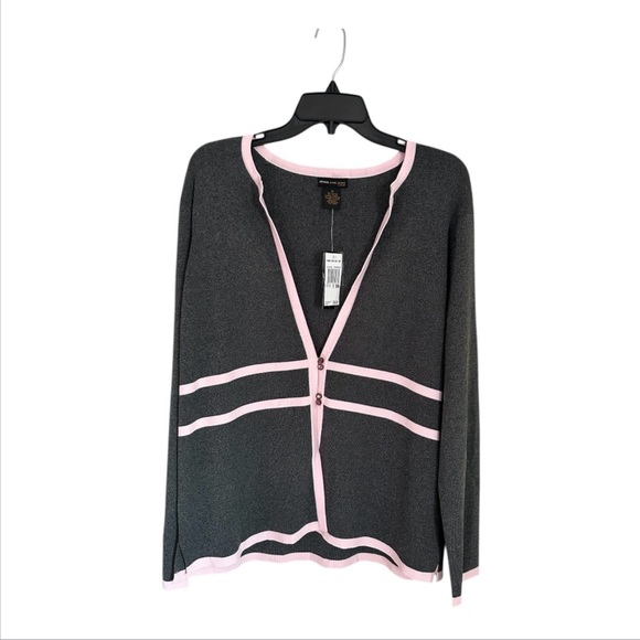 Gray and Pink Cardigan Sweater with Geometric Trim - Picture 1 of 5